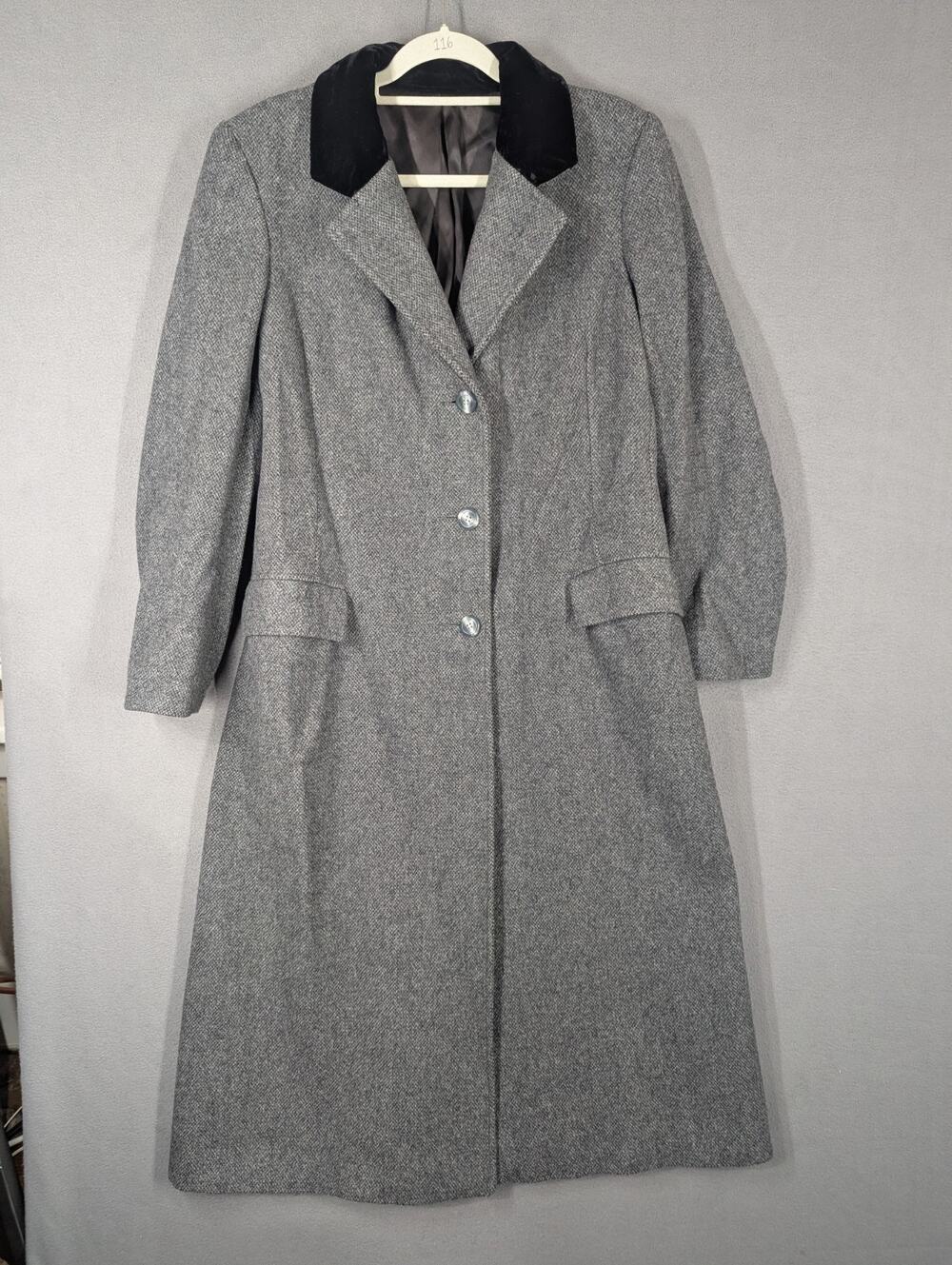 Vtg Orvis 100% Wool Herringbone Trenchcoat Coat Size 16 Gray With Velvet Collar